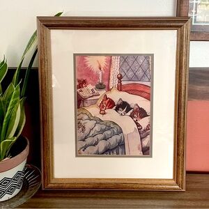 Sleepy Kitties in a Cozy Bed Vintage Style Canvas Art Print Wood Framed Cat Art